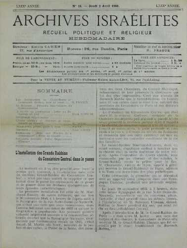 Archives israélites de France. Vol.69 N°14 (02 avr. 1908)